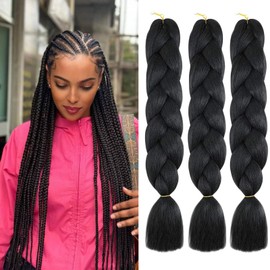 Jumbo Braiding Hair 3 Packs 24 Inch Black Braiding Hair Afro Braiding Hair Extensions for Twist Jumbo Box Braiding Synthetic Hair for Women Braiding (1B)