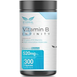 ETERNAL NUTRITION Infinity Complejo B Elevado (300 Cápsulas) | 11 Formas Bioactivas de Vitamina B: B1, B2, B3, B5, B6, B7, B9 y B12 | Alta Absorción | 300 Porciones · 520 mg | Energía y Metabolismo