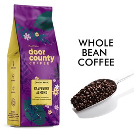 Door County Coffee Raspberry Almond - Flavored Whole Bean - 8oz Bag - Spring-Summer Seasonal - Medium Roast - 100% Specialty Arabica - Raspberry - Sugar Coated Almonds Flavored