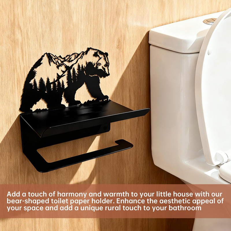Bear Toilet Paper Holder with Shelf - Rustic Bathroom Wall