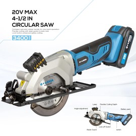 G LAXIA Mini Circular Saw, 4-1/2"" 3400RPM Cordless Circular Saw with Laser Guide, Rip Guide, Compact Hand Saw with 2Pcs blades（24T+60T), Max Cutting Depth 1-11/16""(90°), 1-1/8""(45°), Blue