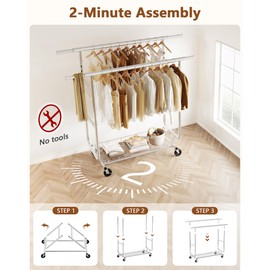 Hoctieon 2-Minute Assembly Double Rod Clothes Rack, Heavy Duty Rolling Clothing Racks with Wheels, Foldable Commercial Garment Rack, Extendable Hanging Bar, Adjustable Metal Pole with Hooks, Chrome