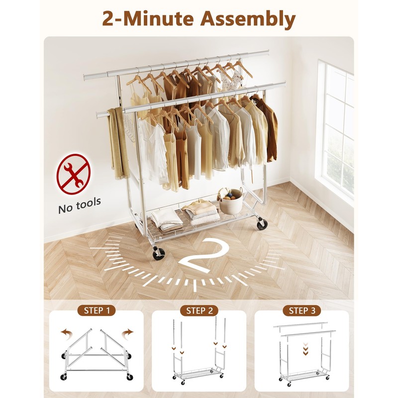 Hoctieon 2-Minute Assembly Double Rod Clothes Rack, Heavy Duty Rolling
