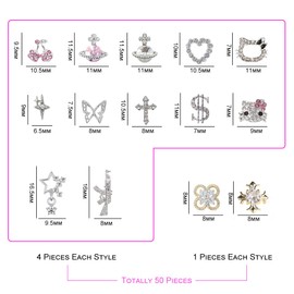 50Pcs Nail Charms Rhinestones Gems Kitty Heart Star Gun Planet Cross Jewelry for Acrylic Nails Accessories Women Nail Decorations Manicure Craft DIY Nail Art Supplies