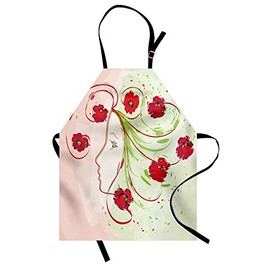Ambesonne Watercolor Flower Apron, Girl Profile Poppies Floral Hair Watercolor Effect Design Print, Small Apron Bib with Adjustable Ties for Baking Painting, Small Size, Green Red