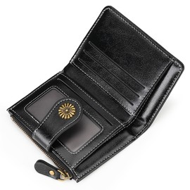 FALAN MULE Women's Small and Short Format, Bifold Wallet with RFID Protection, Mini Purse Women with 5 Card Slots and 1 ID Window, black, Minimalist