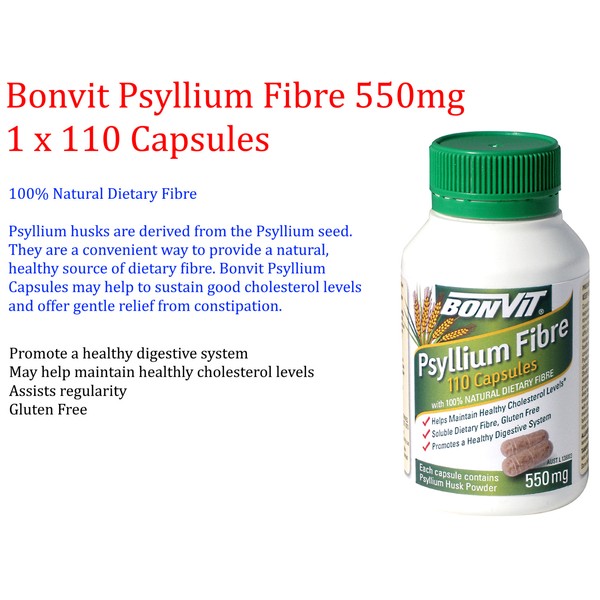 BONVIT Psyllium Fibre Capsules Gluten Free  ( 110 Capsules x 550mg ) Husk Powder