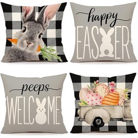 Easter Pillow Covers 18x18 Set of 4 Easter Decorations for Spring Farmhouse Pillows Easter Decorative Throw Pillows Buffalo Plaid Bunny Eggs Welcome Peeps Throw Cushion Case for Home Decor TH163