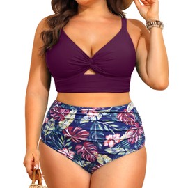 Daci Plus Size Two Piece Swimsuits - Women High Waisted Bikini Tummy Control Bathing Suits Knot Twist Swimwear 2025 Purple Leaves XL