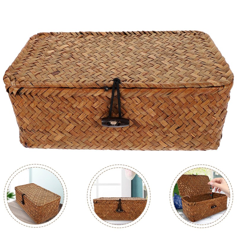 Gatuida Rectangular Wicker Baskets with Lids, Seagrass Storage Baskets with