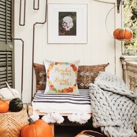 JOTOM Fall Cushion Covers 45x45cm Autumn Harvest Pumpkin Wreath Maple Leaf Outdoor Throw Pillow Covers 18x18 Inch Farmhouse Thanksgiving Decorative Pillowcases for Couch Sofa Home Car Decor (Wreath)