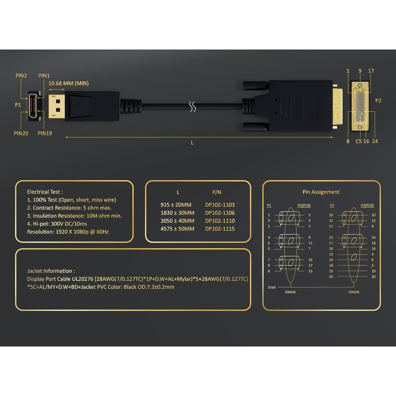 Cable Leader 6 ft Gold Plated Premium DisplayPort to DVI