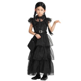 IKALI Children's Wednesday Costume, Girls Fancy Dress Up Outfit, Black Tutu Dress for Carnival, Birthday Party, with Belt, Wig, Bag, Stockings, 9 Pieces, 4-6 Years