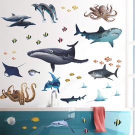 LiveGallery 4 Sheets of 12inch x 18inch 3D Removable Ocean Animals Wall Sticker Under The Sea Fish Sharks Turtles Whales Wall Decal for Kids Babys Girls Bedroom Nursery Bathroom Living Room (Fish)