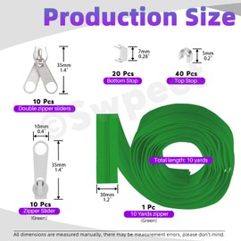 Swpeet 1Roll 10 Yard #5 Green Nylon Zip Tape Zip Strips with 20 Pieces Matched Zipper Sliders Assortment Kit, Replacement Zipper Roll Endless Zip Set with Double Single Slider