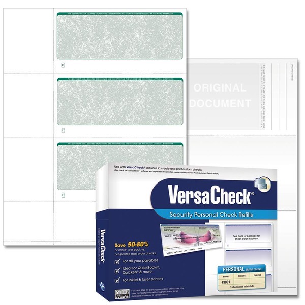 VersaCheck Secure Checks - 750 Blank Business or Personal Wallet Checks - Green Classic - 250 Sheets Form #3001-3 Per Sheet
