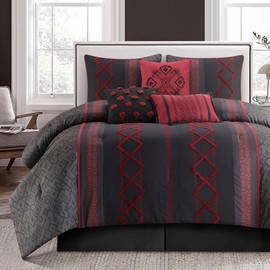 LANCO MODERN LIFESTYLE Black Red Queen Comforter Set, 7 Pieces All Season Bedding Sets in a Bag with Geometric Terry Embroidered Comforter, Bed Skirt, Pillow Shams and Decorative Pillows