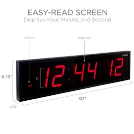 Ivation Oversized Large Digital Wall Clock - Big LED Digital Clock w/Large Display, Shelf or Wall Mount (30 Inch - Red) 6 Brightness Levels | Time Memory | Remote, Mounting Holes & Hardware