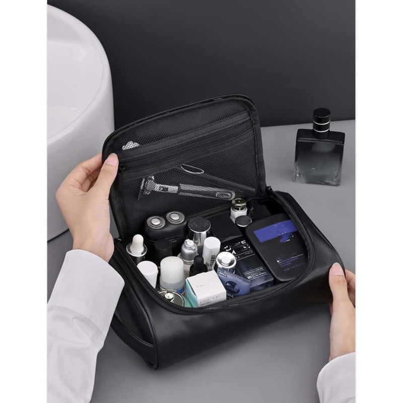 ANNIUP Black PU Leather Waterproof Toiletry Bag, Men's Travel Organiser,