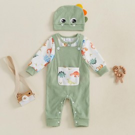 Geagodelia Infant Baby Boy Girl Fall Winter Outfits Long Sleeve Romper Jumpsuit Bodysuit and Animal Embroidery Overall Suspender Pants and Hat Sets 3Pcs Clothes for Baby (Green, 12-18 Months)