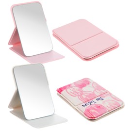 Portable PU Leather Mirror, 2 Pcs Folding Compact Makeup Mirrors With Flower Pattern, Small Handheld Mirrors for Purse Pocket Travel Women Girls