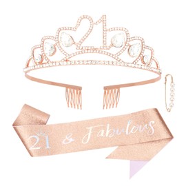 CURASA Birthday Sash and Crown for Women 21st Birthday Sash Rose Gold Birthday Crown Adult Women Rhinestone Birthday Tiara Rose Gold 21 & Fabulous Sash Birthday Decoration for Party Gifts