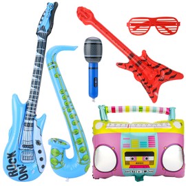 GSrenyu 6 Pcs Inflatable Guitar Inflatable Microphone Party Props Photo Booth Props with Glasses Guitar Bass Saxophone Radio Musical Instruments Accessories for 80s 90s Themed Disco Party Birthday