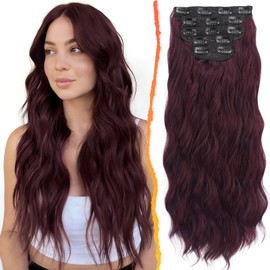 Dark Burgundy Wavy Clip in Hair Extensions - 20 Inch Long Wavy Clip in Hair Extensions for Women, 5 PCS Soft Synthetic Natural Looking Burgundy Red Hairpieces Easy Wear Daily Party