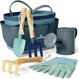Kids Gardening Tool Set with Tote Bag, Watering Can, Rake, Fork, Trowel and Gloves – STEM Outdoor Gardening Kit for Children (Ocean Blue)