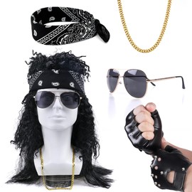 MOVINPE 80s Long Curly Wig for Men 80s Rocker Accessories Rockstar Wigs 1980s Mullet Wigs Headbands Sunglasses Leather Gloves Necklace (Long/Curly/Black)