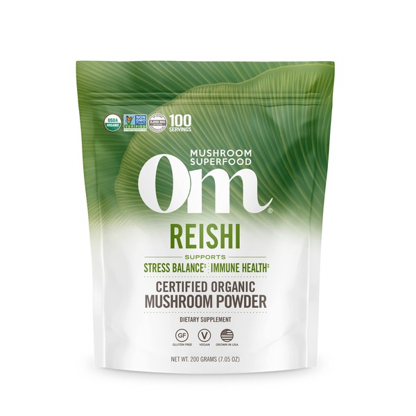 Om Mushroom Superfood Reishi Organic Mushroom Powder, 7.05 Ounce Pouch, 100 Servings, Adaptogen, Stress & Immune Support, Superfood Mushroom Supplement