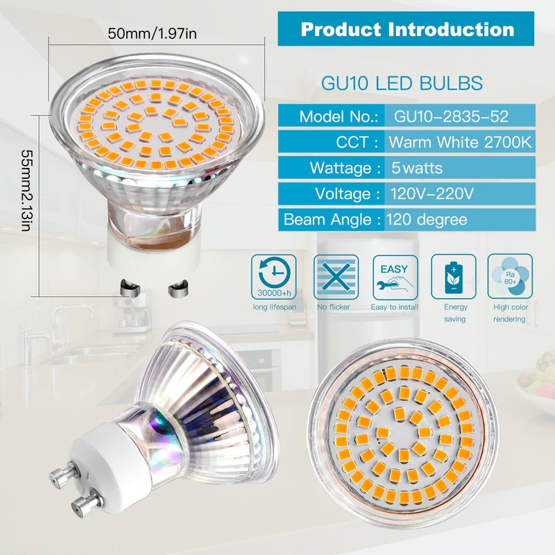 CQTLED GU10 LED Light Bulbs 5W,Warm White 2700K, 500LM,110-220V,120°Wide Angle,Replaces