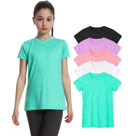 Orrstarry 5 Pack Girls Athletic Shirts Solid Color Summer Quick Dry Short Sleeve Sports T-Shirts Activewear Soccer Tennis Workout Trip Plain Tee Tops for Kid Teens Black/L-Purple/Pink/White/Green M