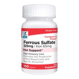 Quality Choice Iron 65 mg (325 mg Ferrous Sulfate) High Potency Iron Support Supplement Tablets in 100 Count Bottles