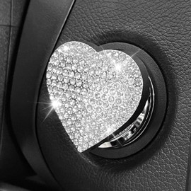 Hirificing Car Push Start Button Cover Bling Heart Shape Engine Start Button Cover, Diamond Ring Push Start Button Cover Sticker for Women Girls, Rhinestone Ignition Button Decal Crystal Decor (White)