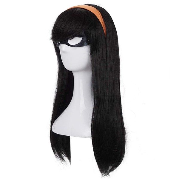 morvally Long Black Straight Wig with Bang Cosplay Costume Halloween wigs with Orange Headband and Eye Mask for Kids Girls Women