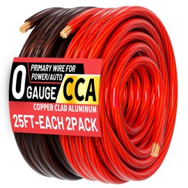 0 Gauge Wire (25FT Black + 25FT Red) CCA, Low Voltage Primary Automotive or Ground Cable, 1/0 Battery Cable, Car Audio, RV, Car Amplifier Power, Amp Wiring, Translucent Jacket