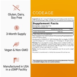 Codeage Liposomal Creatine Monohydrate Powder Supplement, Pure Creatine 5000mg 3-Month Supply, Unflavored Creatine, Micronized Creatine Powder, Creatinine Sports Muscles, Keto-Friendly - 90 Servings