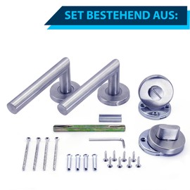 Generic APECS Door Handle Set Room Doors Inox Door Handle for Front Door and Interior Doors Door Fitting Round Rosette Fitting Stainless Steel Matt Handle Set WC PZ BB Model H-0204 Silver