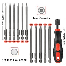 Torx Bit Set Hakkin 100mm Tamper Proof Security Torx Bits with Magnetic Screwdriver Handle Premium S2 Steel Long Torx Screwdriver Set T6-T40