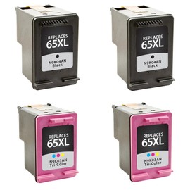 WOC Remanufactured Ink Cartridge Replacement for HP 65 / 65XL (N9K01AN / N9K02AN / N9K03AN / N9K04AN) (Jumbo: 40-60% Higher Yield) (4-Pack: 2X Black + 2X Tri-Color)