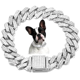 Pimaodog Chain Collar for Small Dogs, Diamond Necklace Rhinestone Bling Glitter Metal Choke Cuban Link Dog Collar, Crystal Collar Jewelry for Dogs and Cats (Silver, 16 inch)