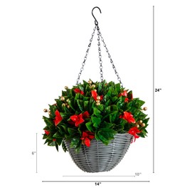 Nearly Natural 24in. Pre-Lit UV Resistant Artificial Red Tip Photinia & Gold Berries Christmas Hanging Basket with 34 Warm White LED Lights (Indoor/Outdoor)