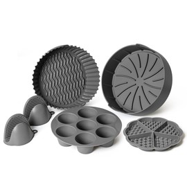 EM Set of 5 Silicone Air Fryer Liners with Egg Bite Mold, Waffle Mold & Mitts - 8.7” Round Reusable Silicone Inserts for 5-7 Qt Airfryers - Easy to Clean & Heat-Resistant Air Fryer Accessories Set