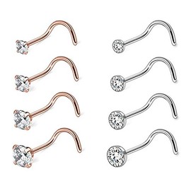 Aroncent Nose Stud Curved Nose Stud 18 Gauge Spiral Set 316L Stainless Steel Nose Piercing 8 Pieces, Stainless Steel Cubic Zirconia