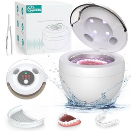 Aotuda 45kHz Retainer Cleaner Machine, 200ML Ultrasonic Dental Cleaning Pod with 4 Modes, Digital Timer, Mouth Guard Cleaner for Denture, Aligner, Braces, Toothbrush, Jewelry and More (White)