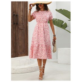Milumia Women's Floral Puff Sleeve Crew Neck Midi Dress Frill Trim A Line Flared Summerc Pink Large
