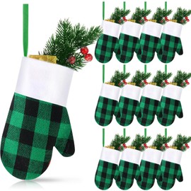 Realspring 12 Pcs 7 Inch Mini Christmas Stockings Hanging Small Stockings Christmas Mitten Stocking Decorations Christmas Stockings with Cuff for Xmas Tree Decor Family Presents Fill(Black Green)