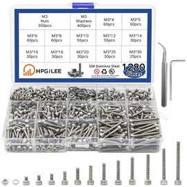 Generic 1280pcs M3 Screws Metric Stainless Steel 304 Hex Socket Head Cap Screws Bolts Nuts Washers Assortment Kit