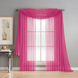 3 Piece Sheer Panel (2 Pieces 58" x 84") and Scarf Window (1 Pieces 37" x 216") Curtain Combo Set (Hot Pink)